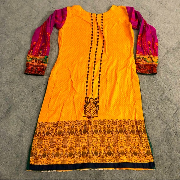 Pakistani Kurta Self-Printed & Embroidered Cotton Size M Yellow/Magenta - Picture 8 of 8